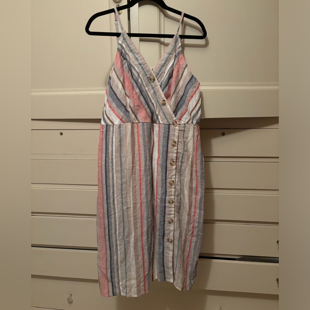 Striped lined linen midi dress